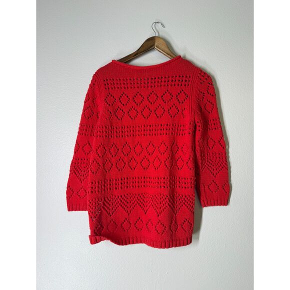 Talbots Womens Open Knit Red Sweater Sz M Holiday Christmas Boho Crew Neck - Picture 4 of 7